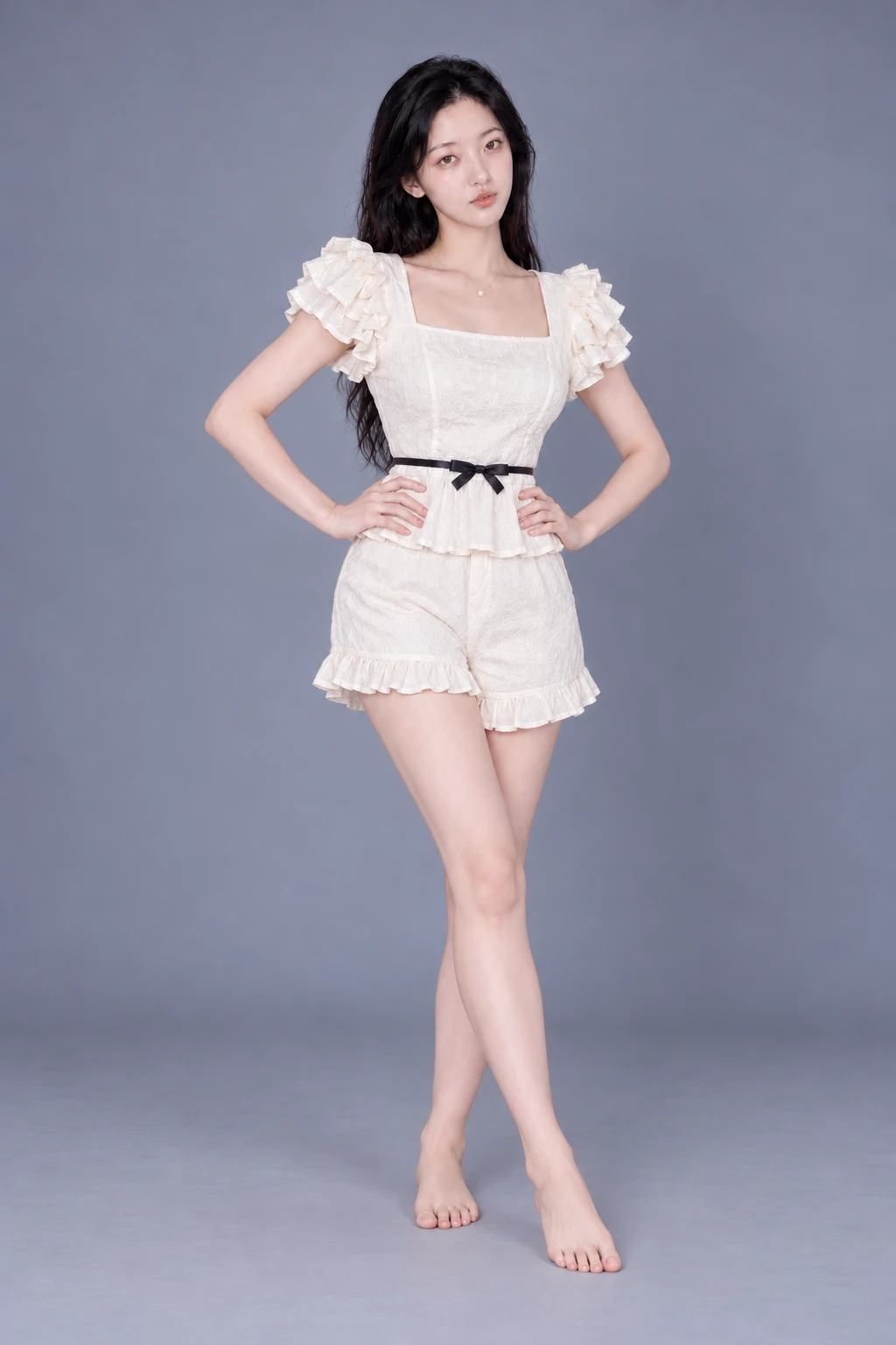 Standing with hands on hips and crossed legs / Reference view