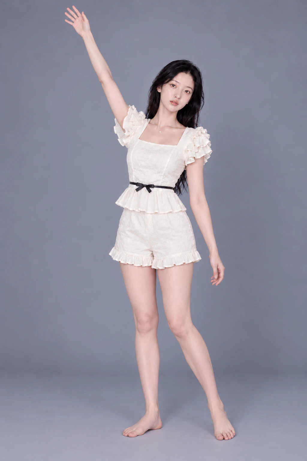 Standing with one arm reaching up / Reference view