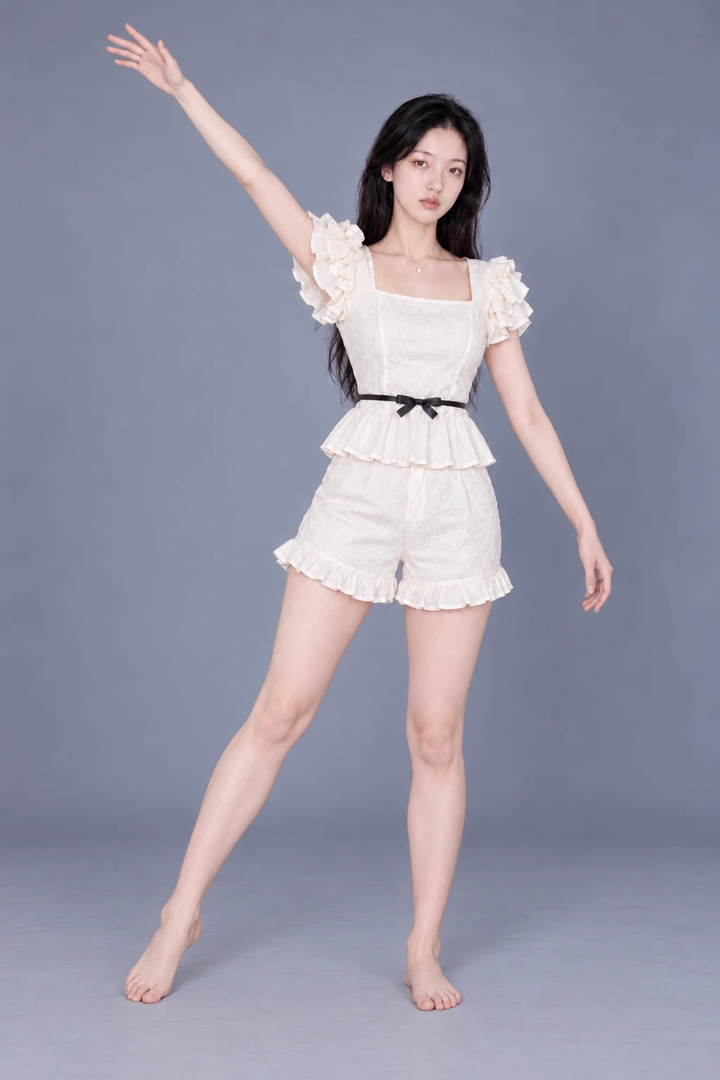 Standing with one arm reaching diagonally upward / Reference view