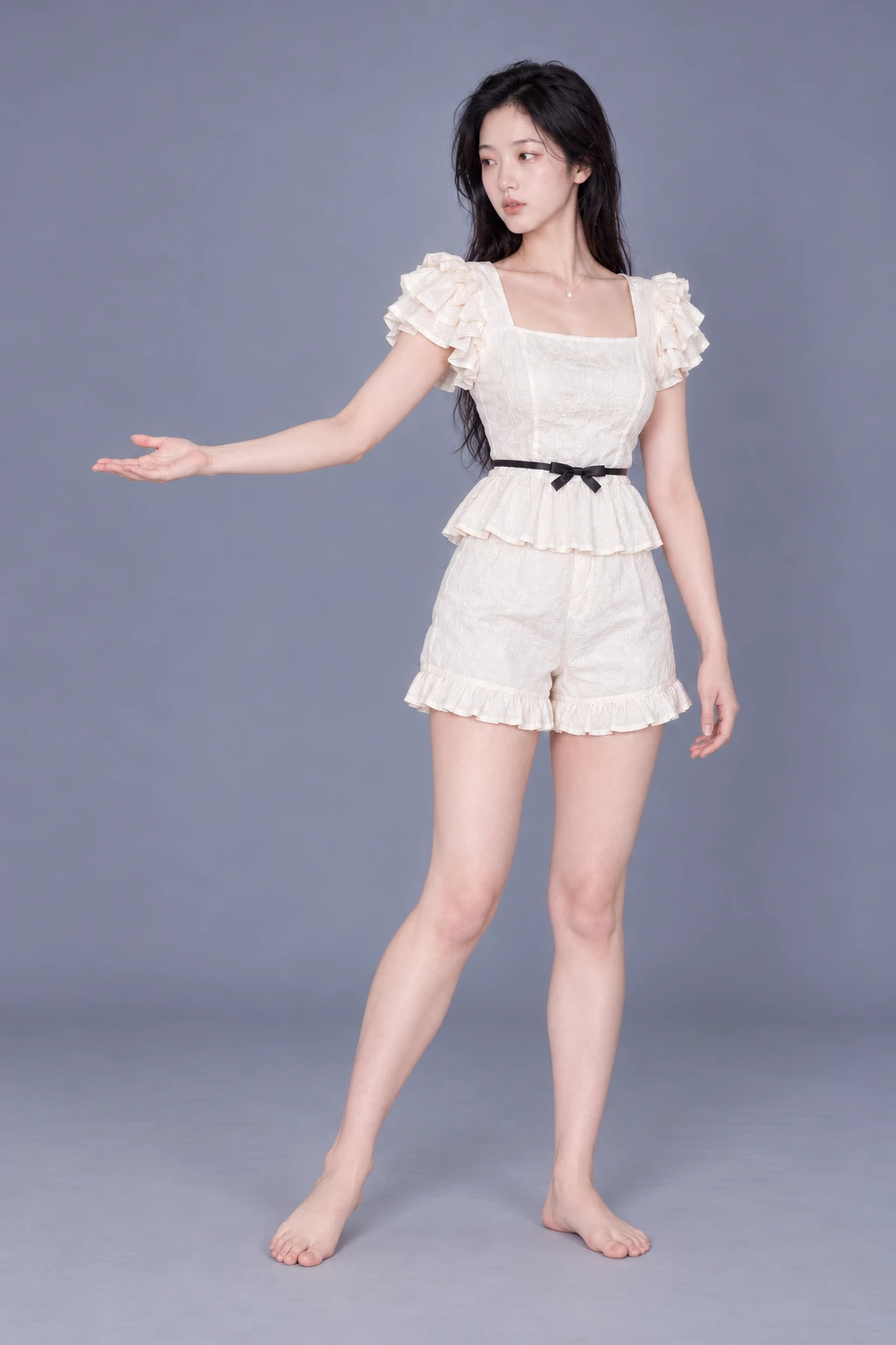 Standing with one arm extended, palm up / Reference view