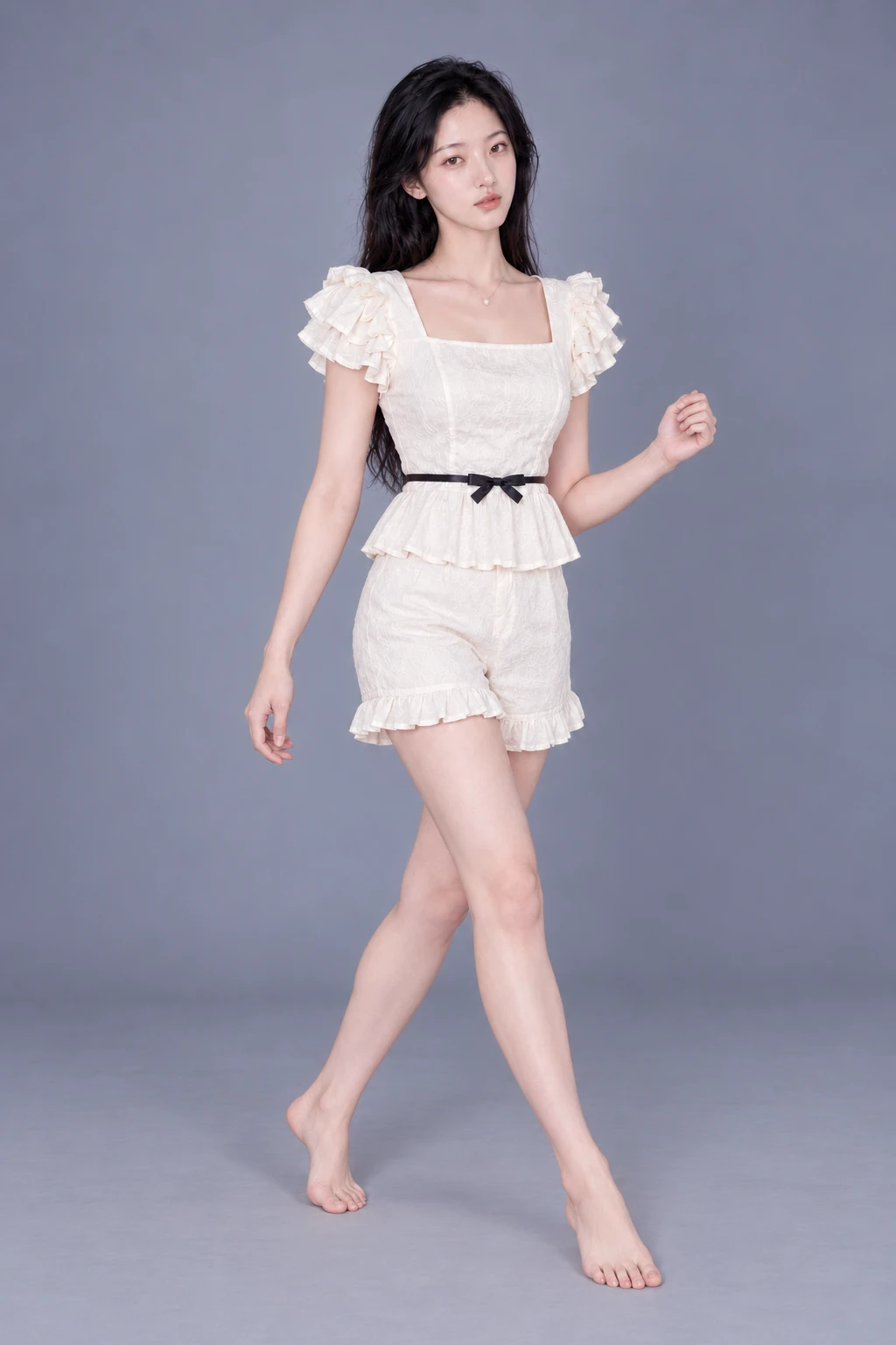 Standing with legs crossed and one arm bent / Reference view