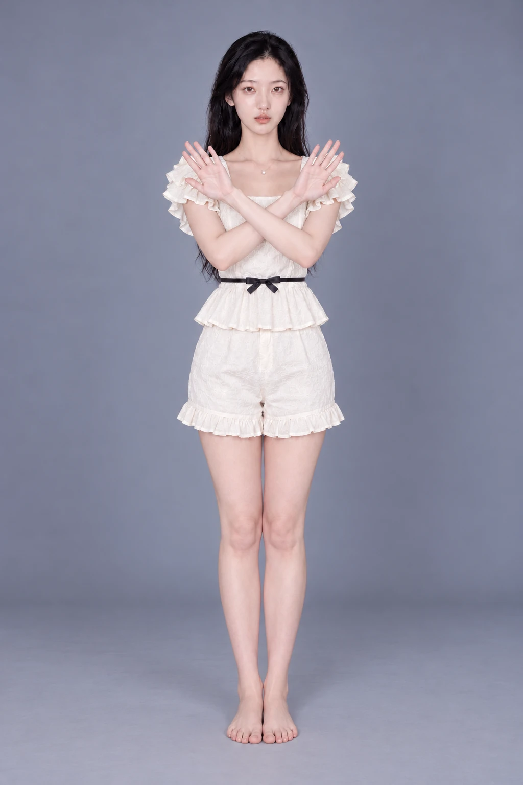 Standing with arms crossed at shoulders / Reference view