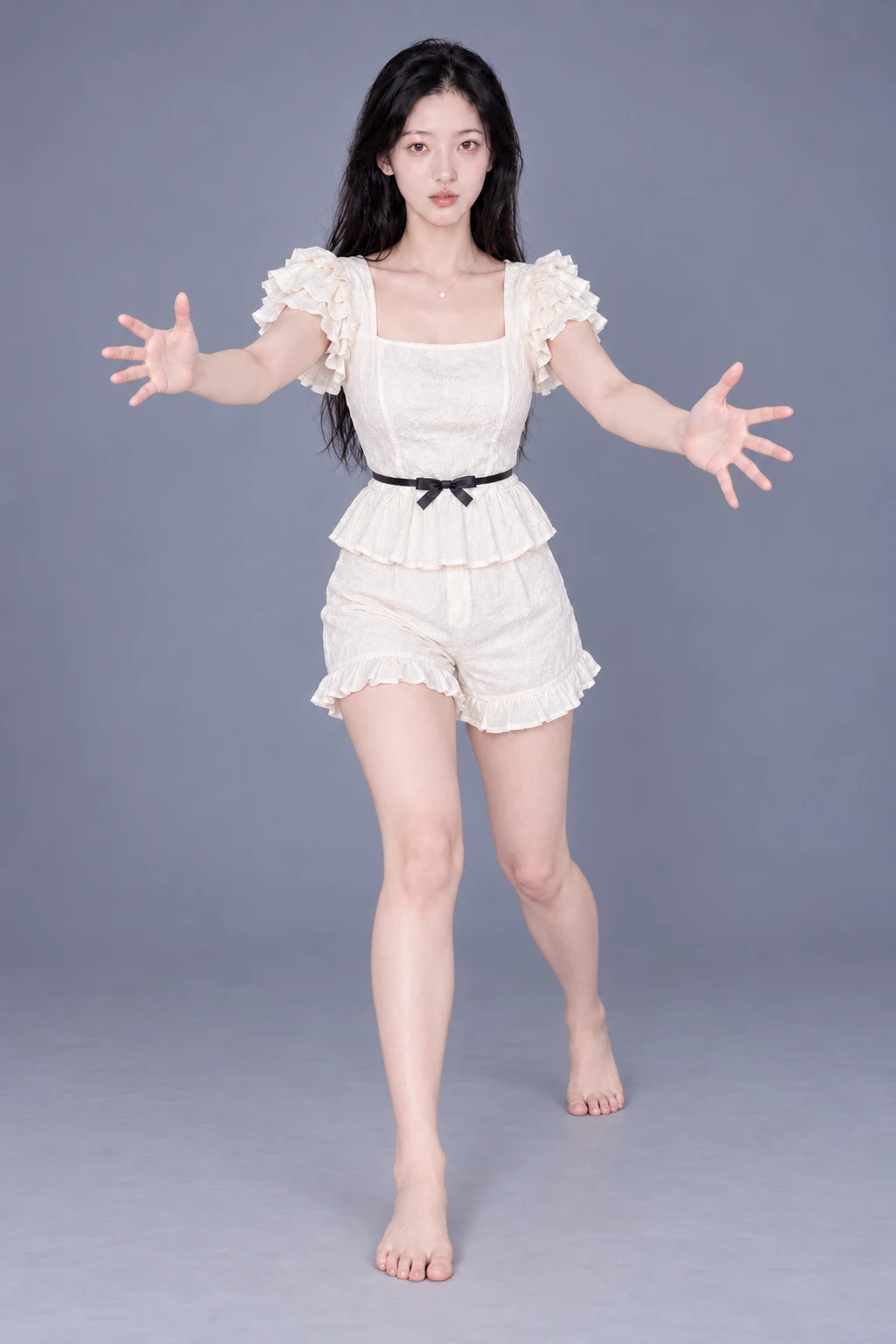 Stepping forward with both arms open / Reference view
