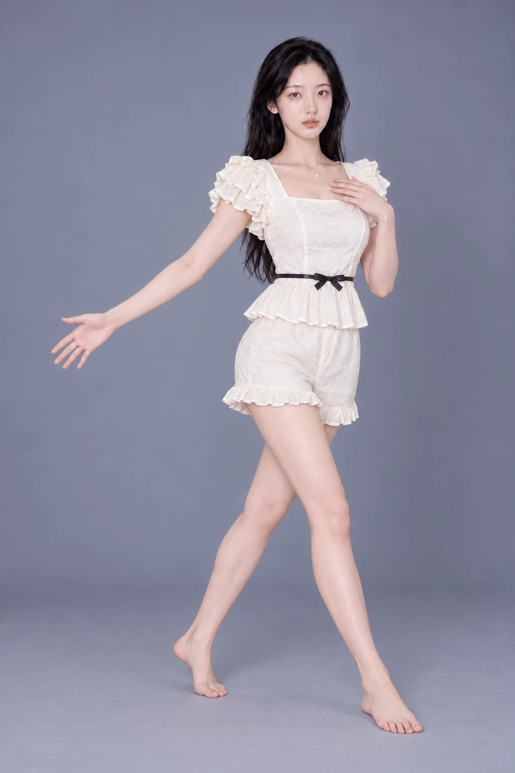 Standing with one hand on chest and one arm out / Reference view