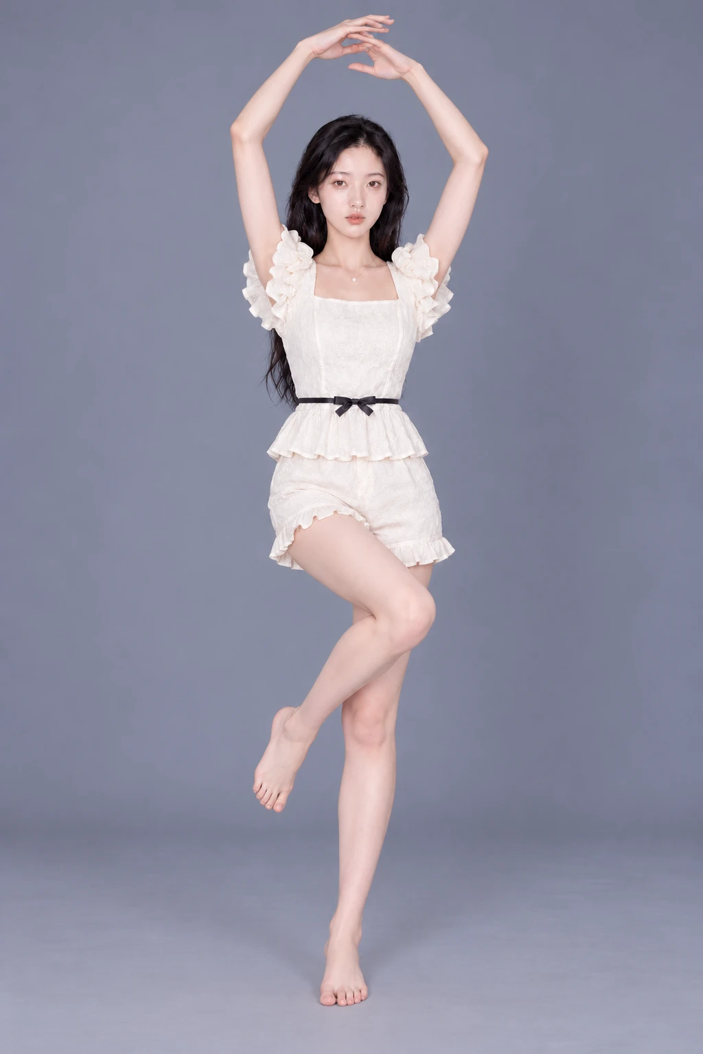 Balancing on one leg with hands joined overhead / Reference view