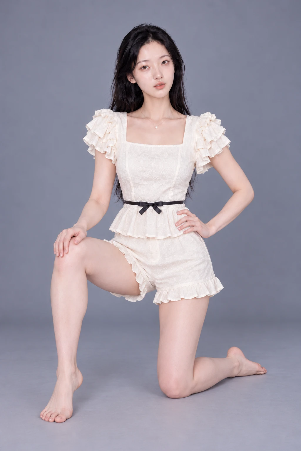 Half-kneeling with a hand on the thigh / Front