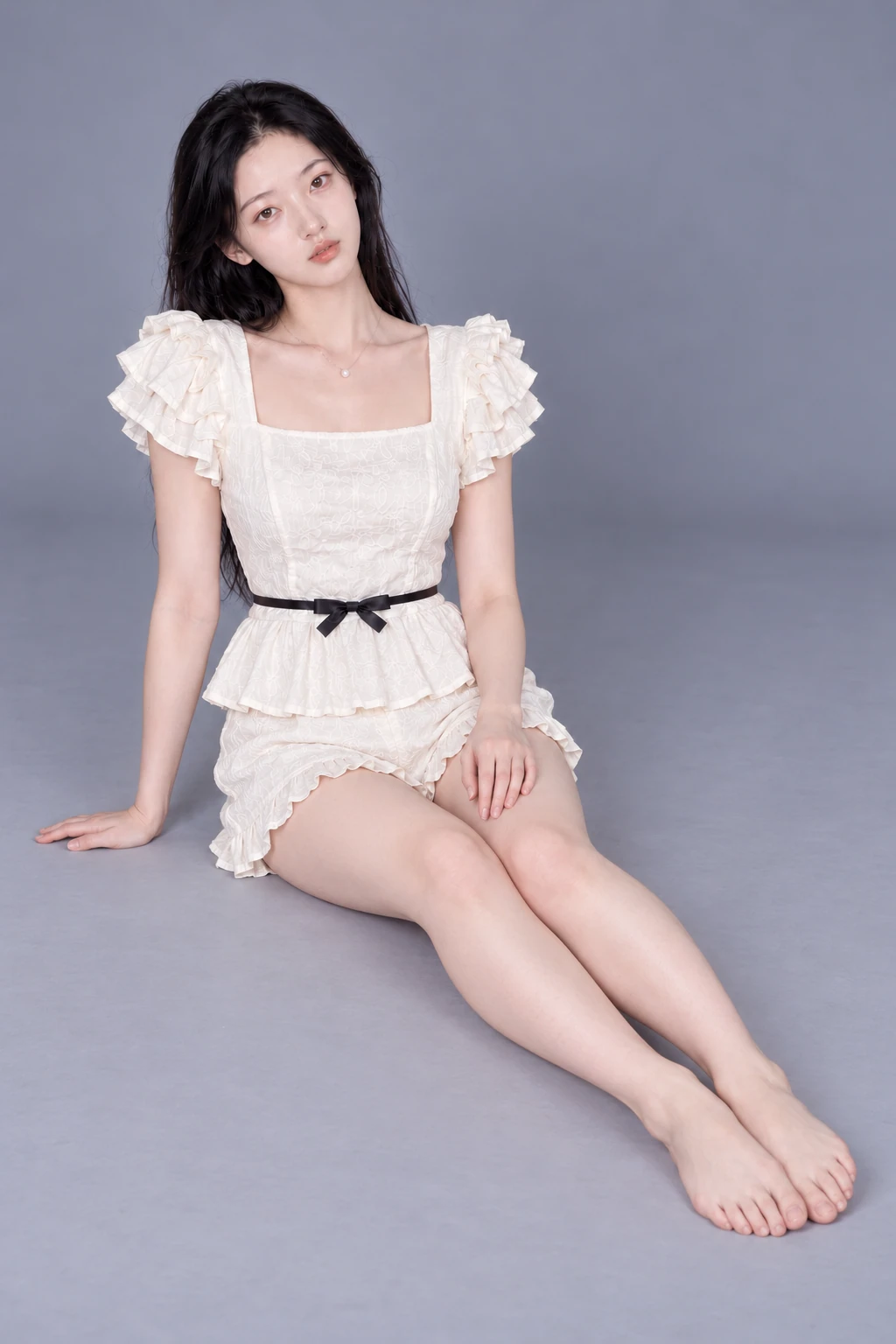 Seated, supported by one hand with legs extended forward / Front