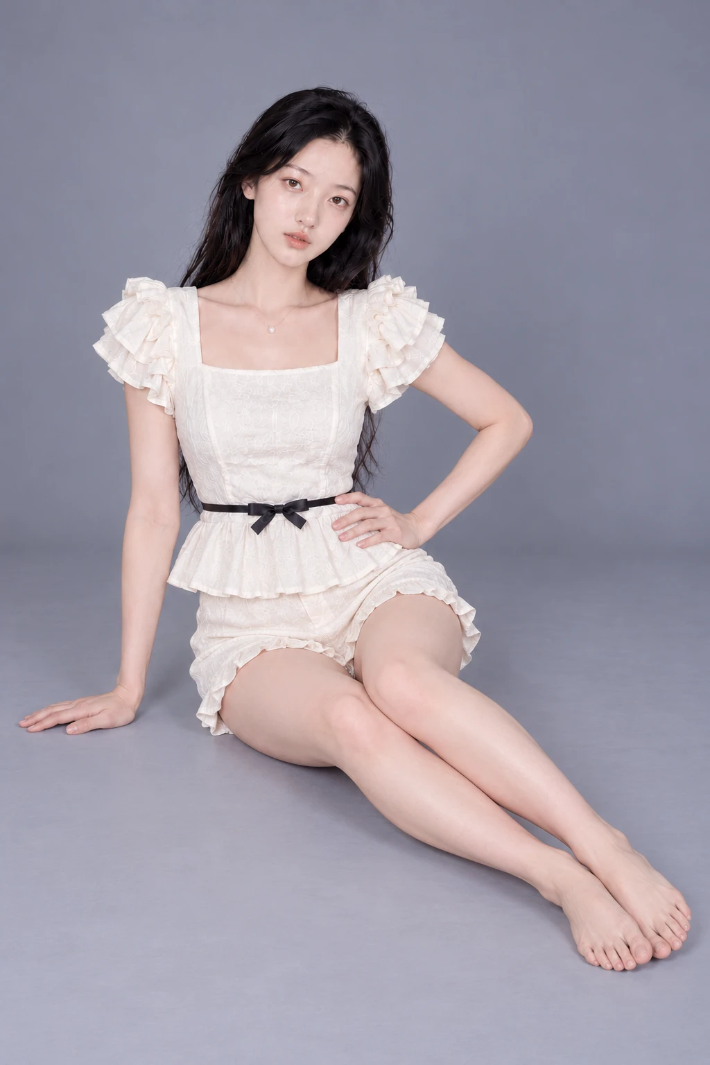 Seated with legs extended diagonally, hand on hip / Front