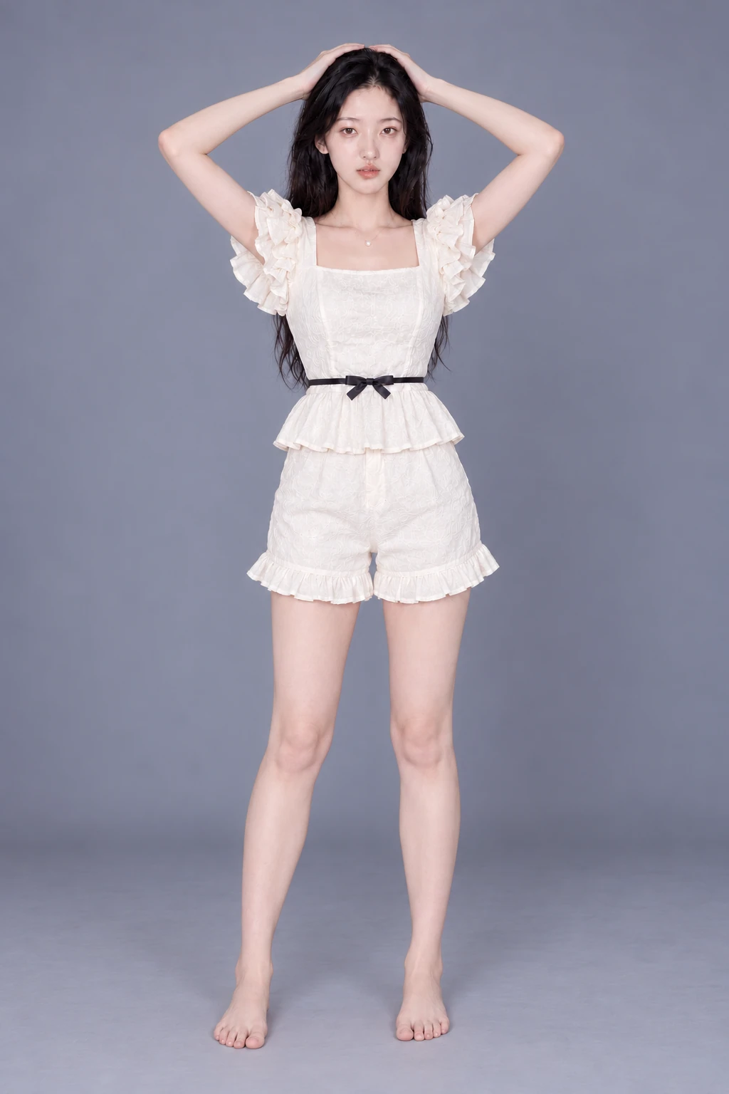 Standing, sweeping hair up with both hands / Front
