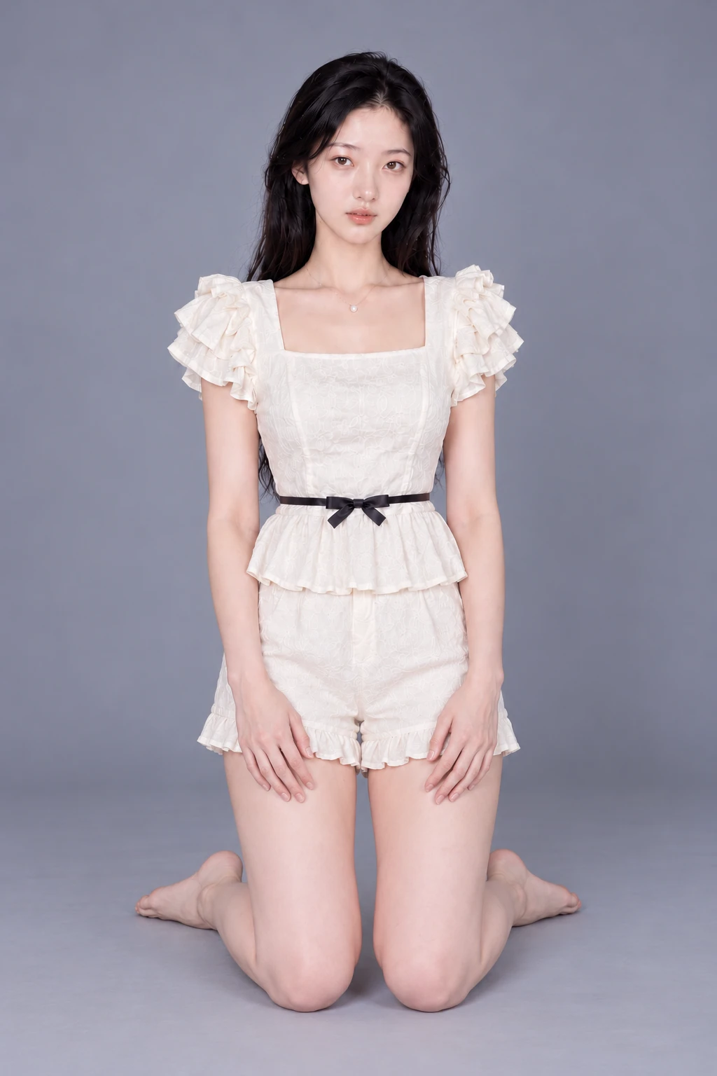 AI photography example: Both knees are down and the hands rest on the thighs. / Front