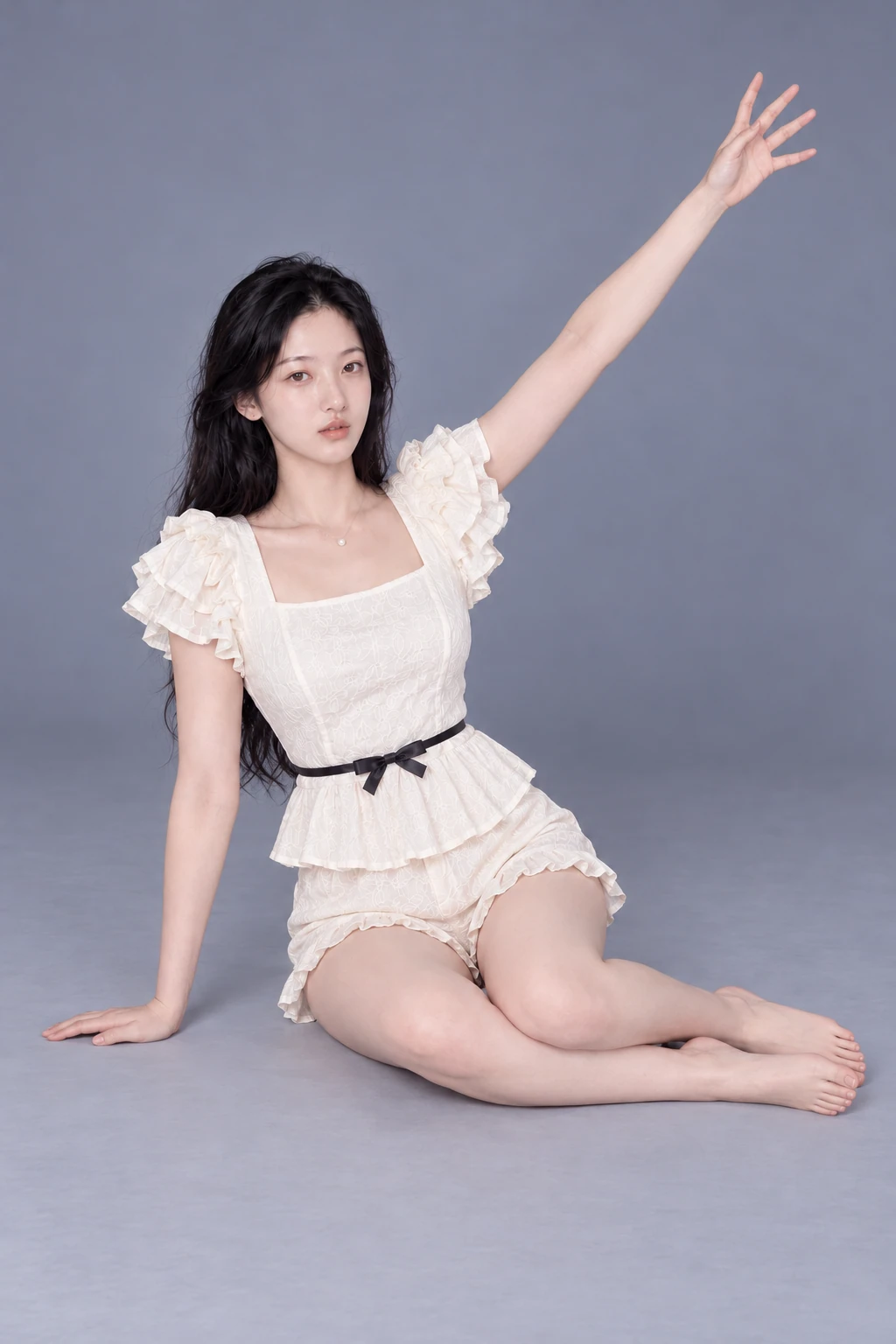 Side-sitting with one arm raised / Front