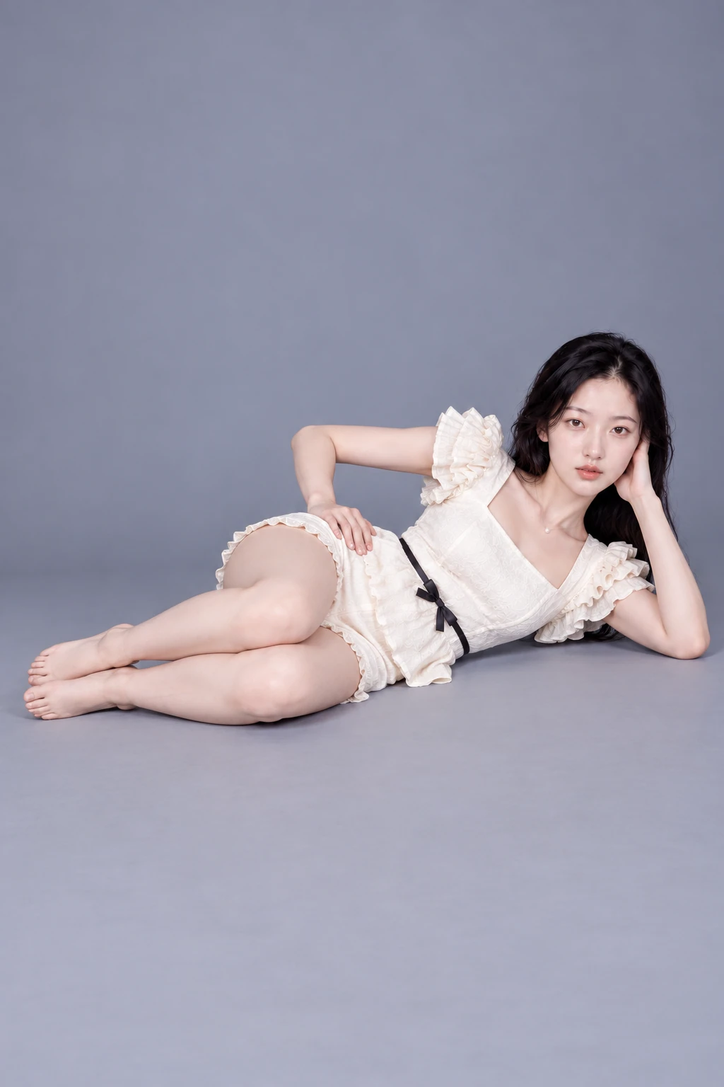 AI photography example: The figure lies on its side with the head supported by a hand. / Diagonal