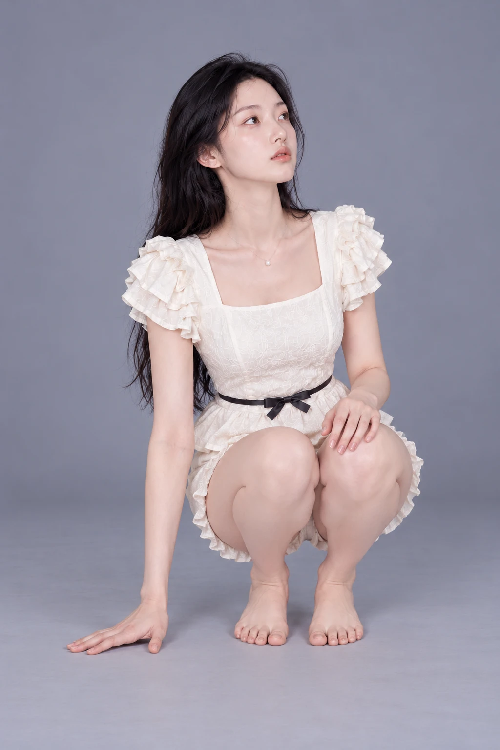 Squatting with one hand on the floor / Front