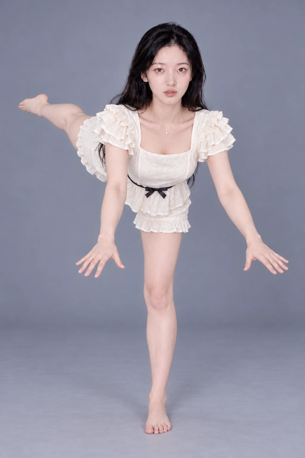 Bending forward with one leg raised behind / Front