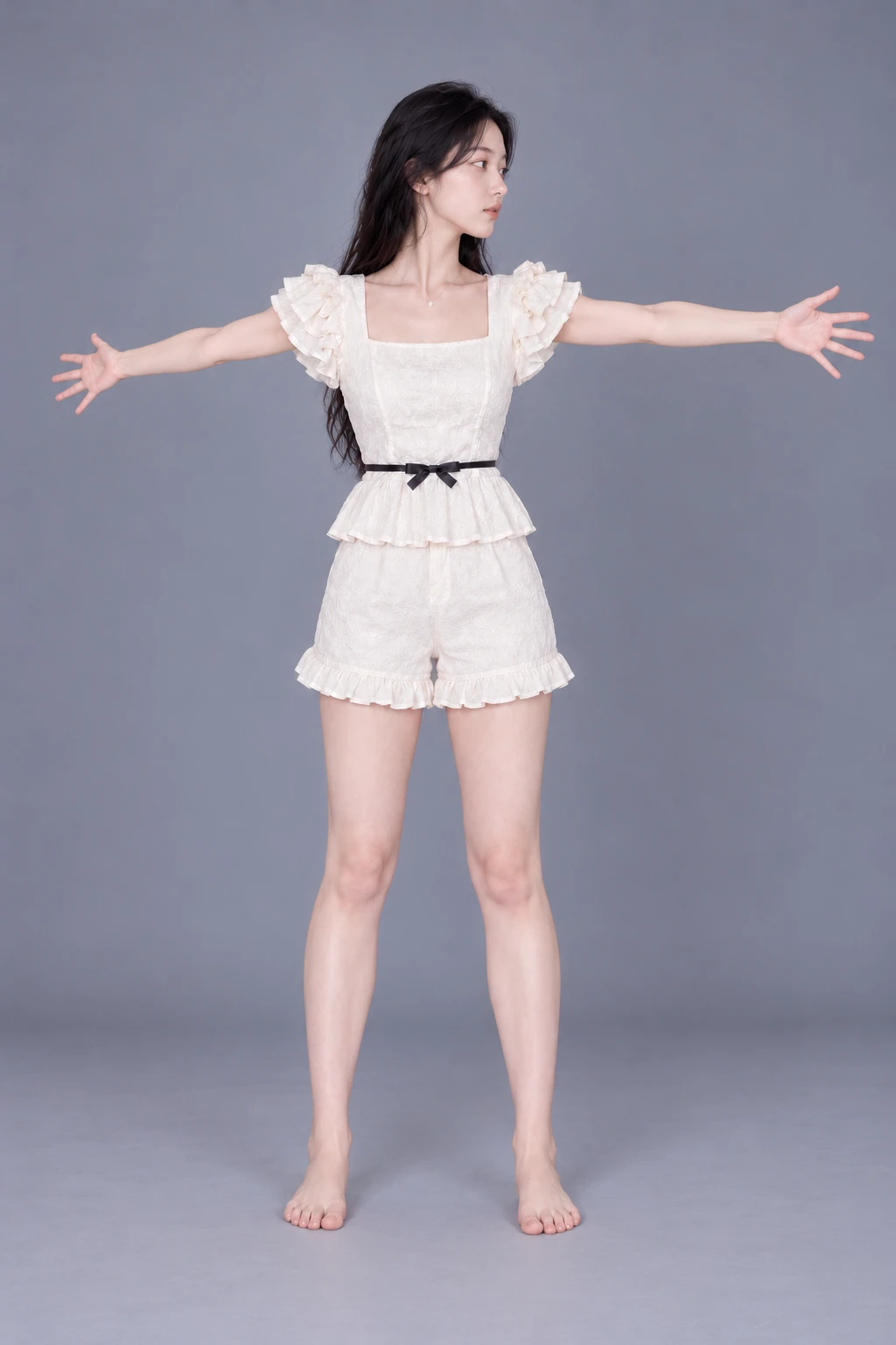 Standing with torso twisted and arms spread / Front