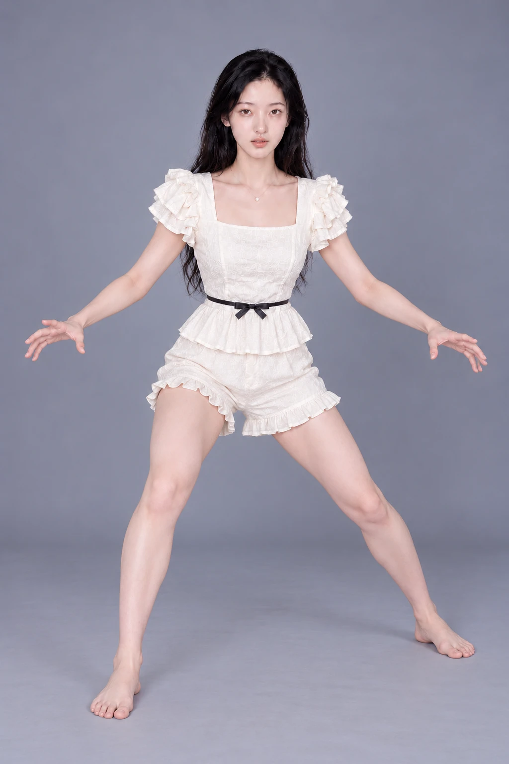 Wide stance with bent knees and arms out / Reference view