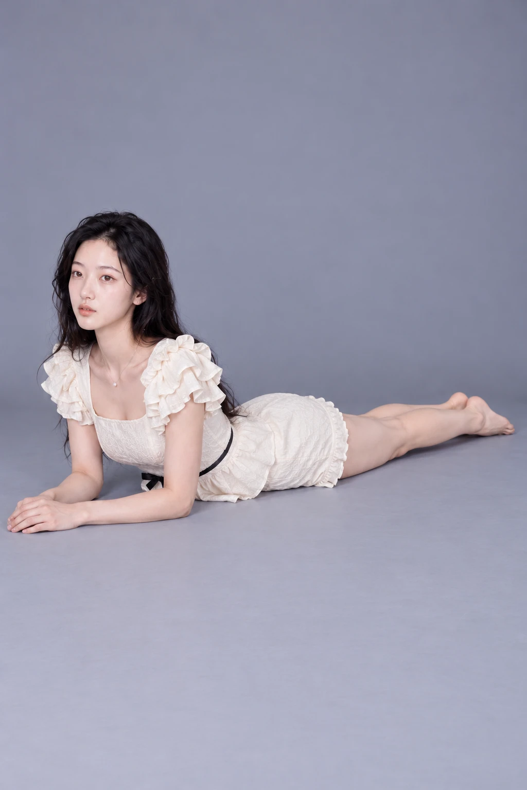 Lying on the stomach, propped on forearms / Reference view