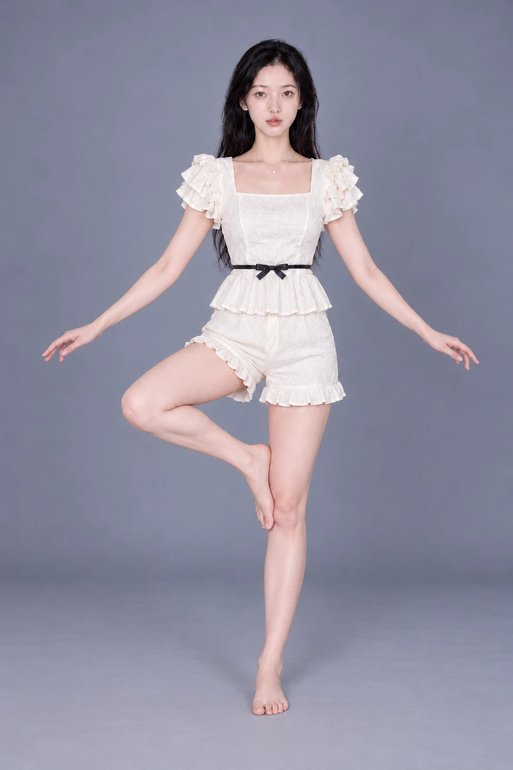 Balancing on one leg with the other bent outward / Reference view