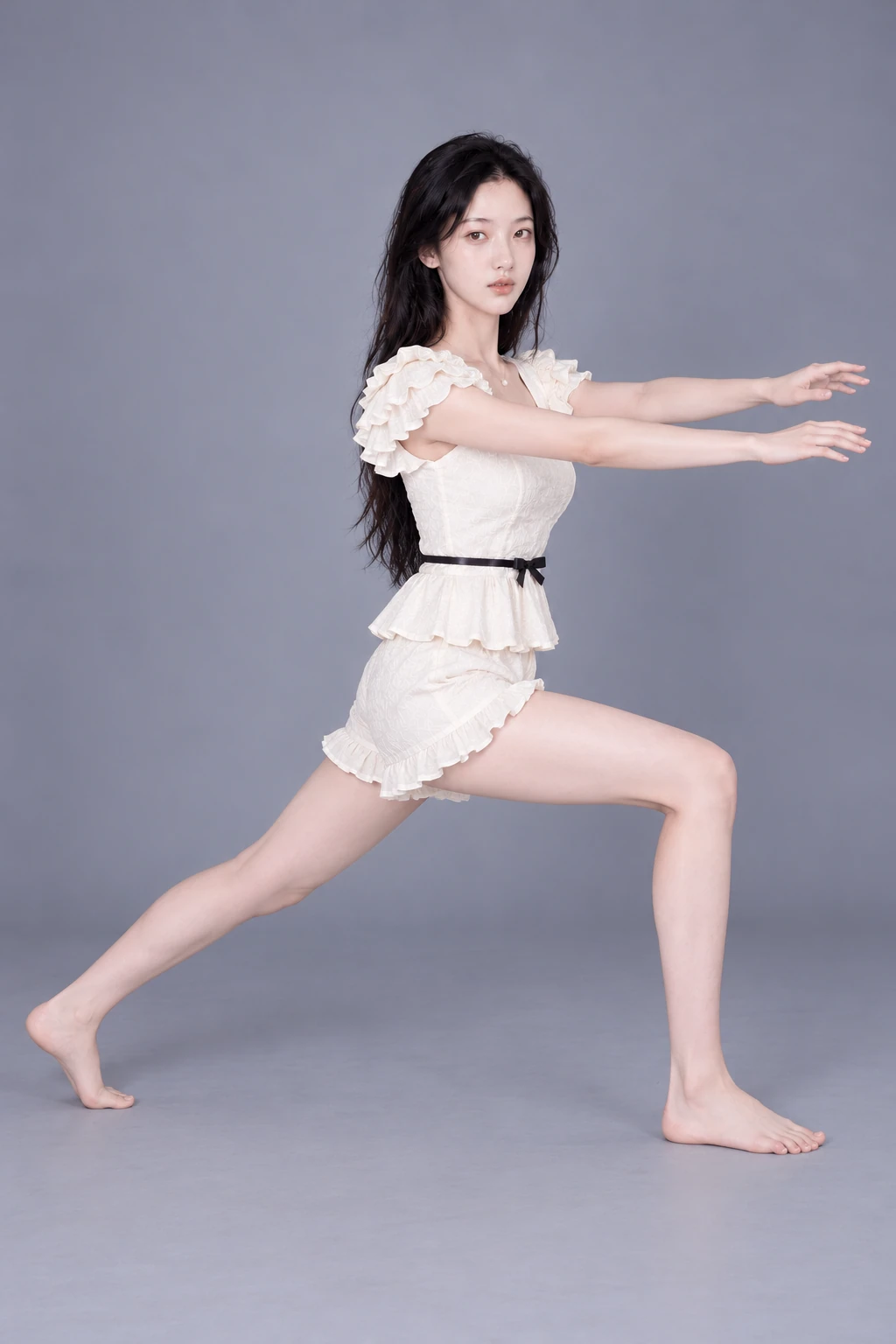 Forward lunge with arms reaching forward / Reference view