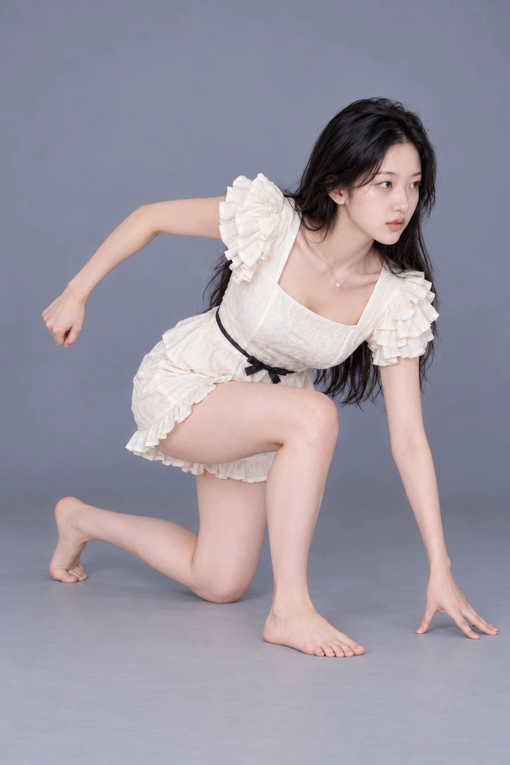 Low kneeling pose with one hand on floor / Reference view