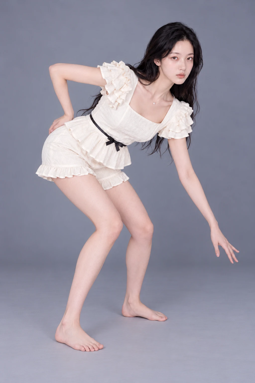 Crouching forward with one hand reaching down / Reference view
