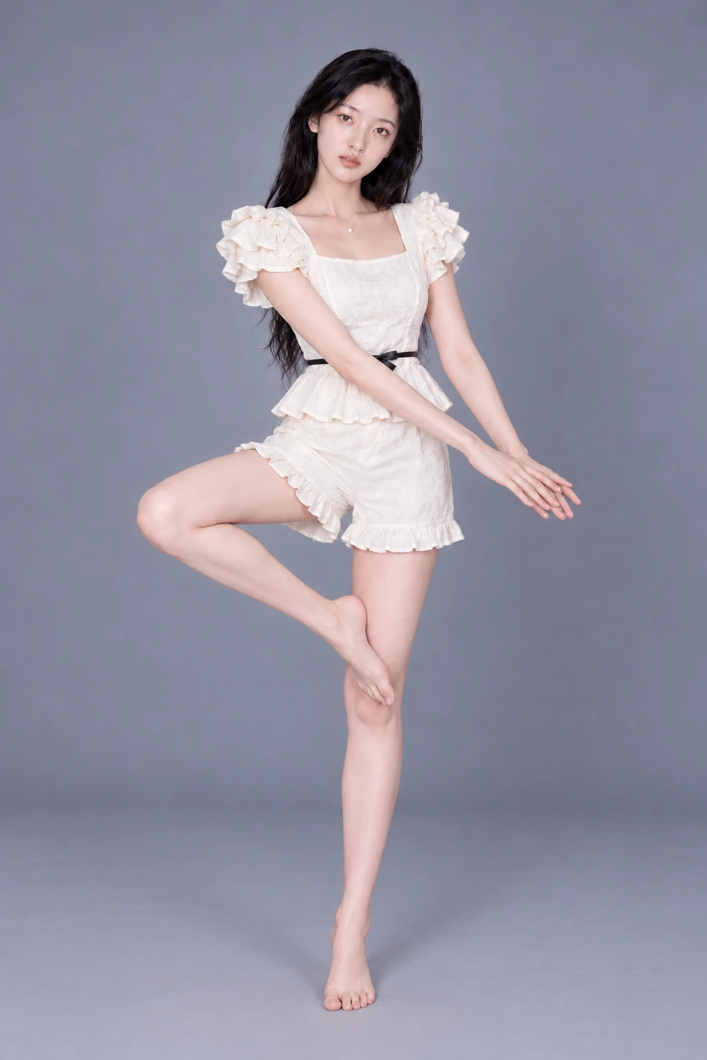 Balancing with one leg bent across and arms extended / Reference view