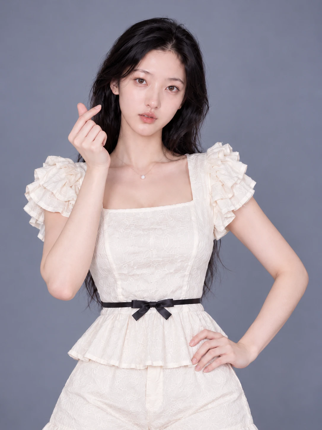AI photography example: A small finger heart sits beside the face. / Front