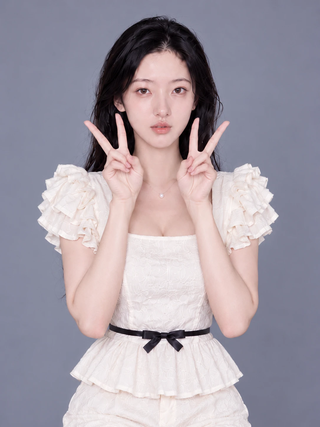 AI photography example: Both hands make V signs beside the lower face. / Front