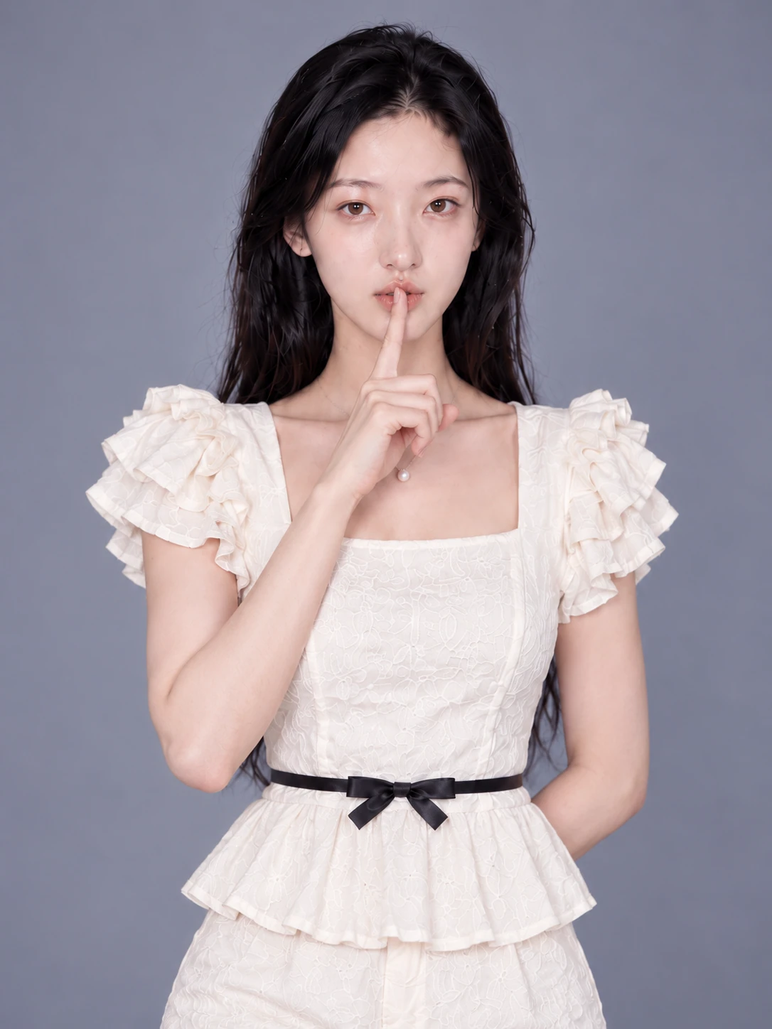 AI photography example: One finger is held vertically at the lips. / Front