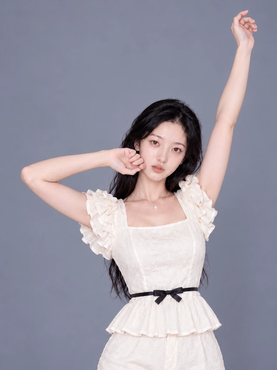 Yawning and stretching with a hand near the mouth / Front