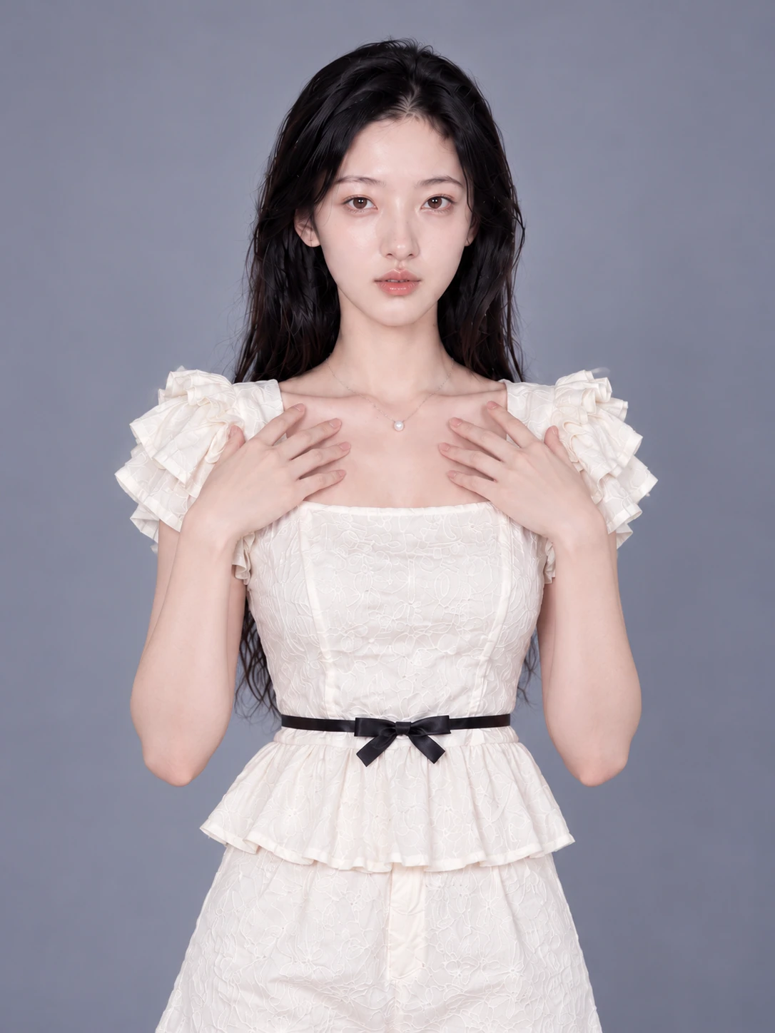 Hands on collarbones, viewed from above / Front