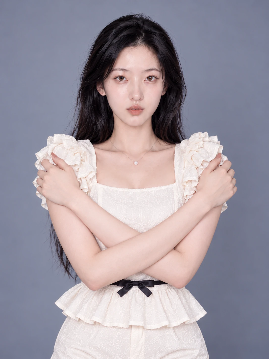 Both arms holding the chest / Front