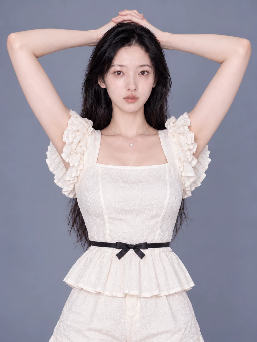 Hands behind head, arms raised / Front