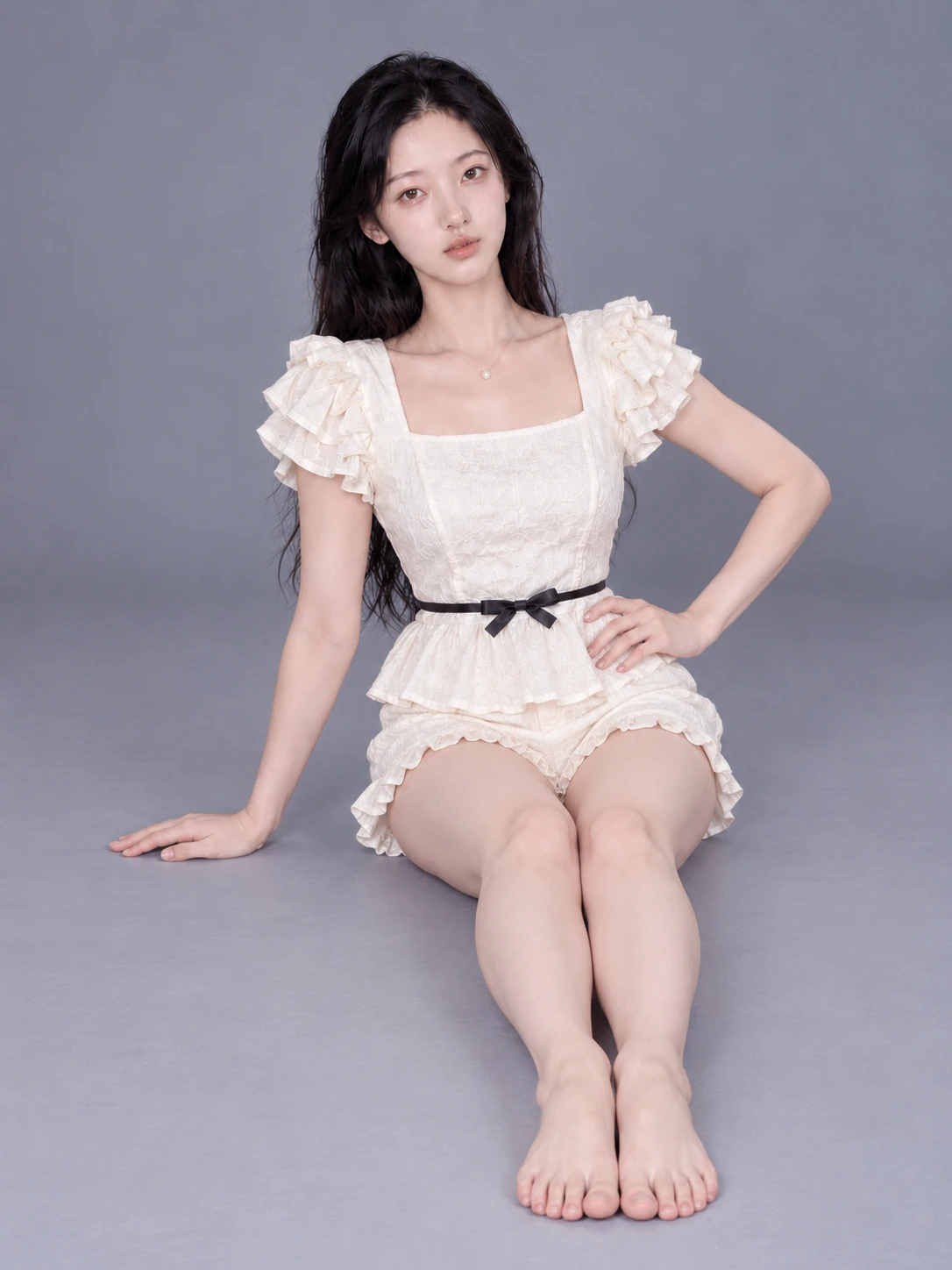 Seated, leaning to one side on an elbow / Front