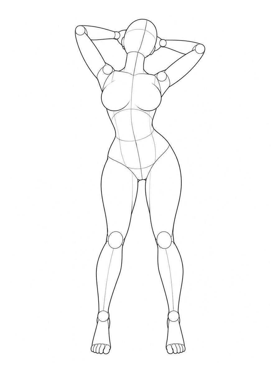 Arching back and sweeping hair up with both hands / Front