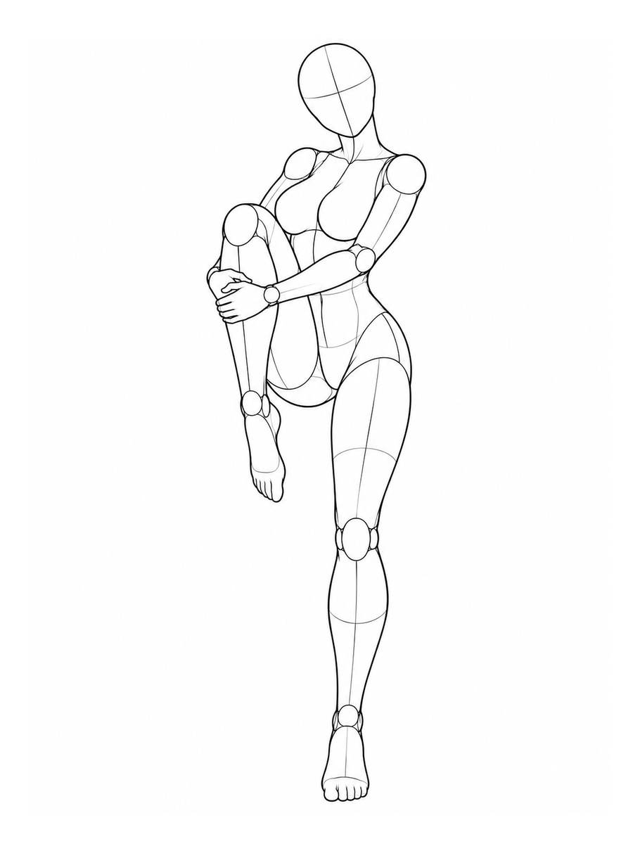 Standing, holding one knee to the chest and arching back / Front