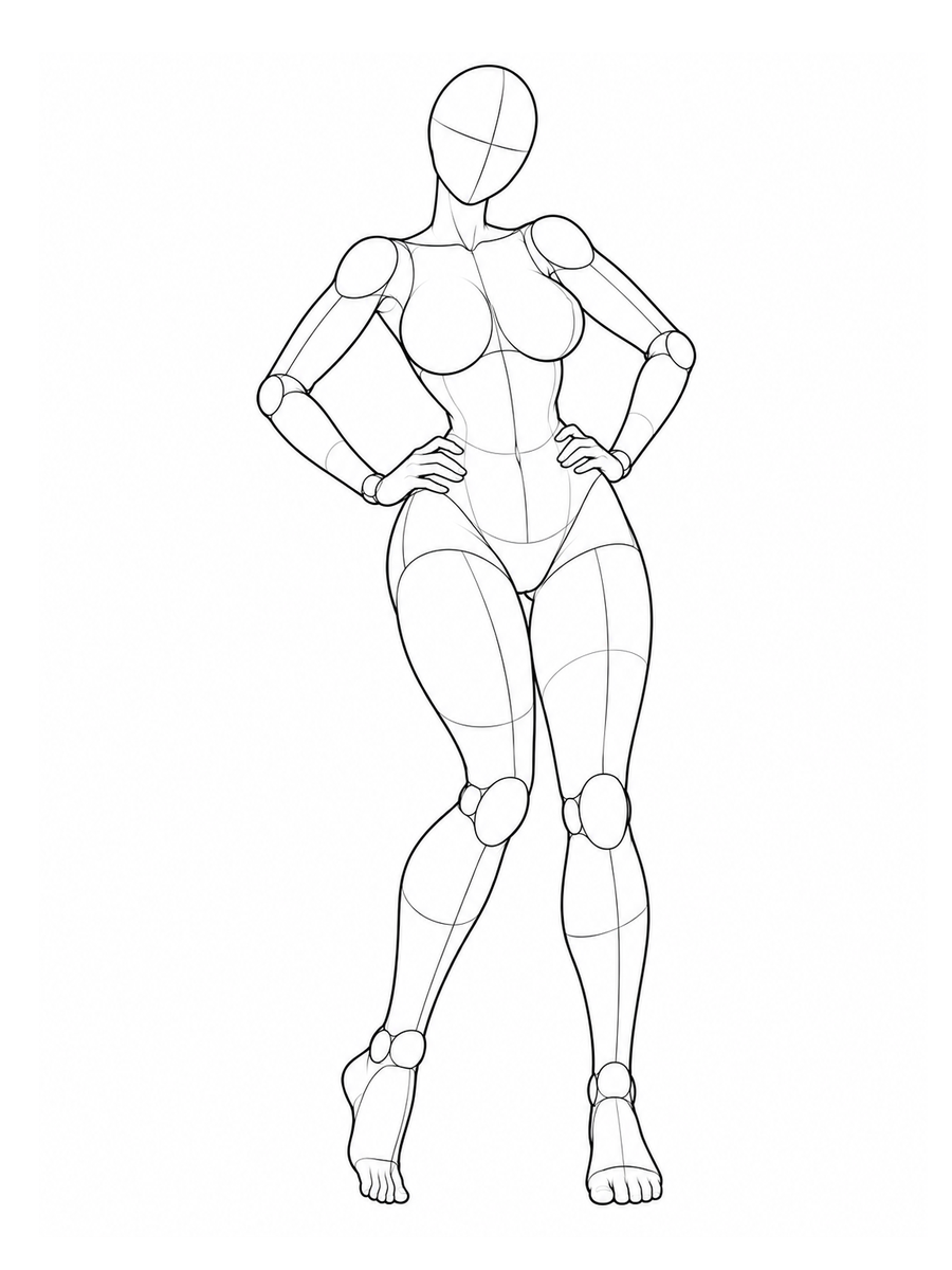 Hands on hips, one knee turned inward, back arched / Front