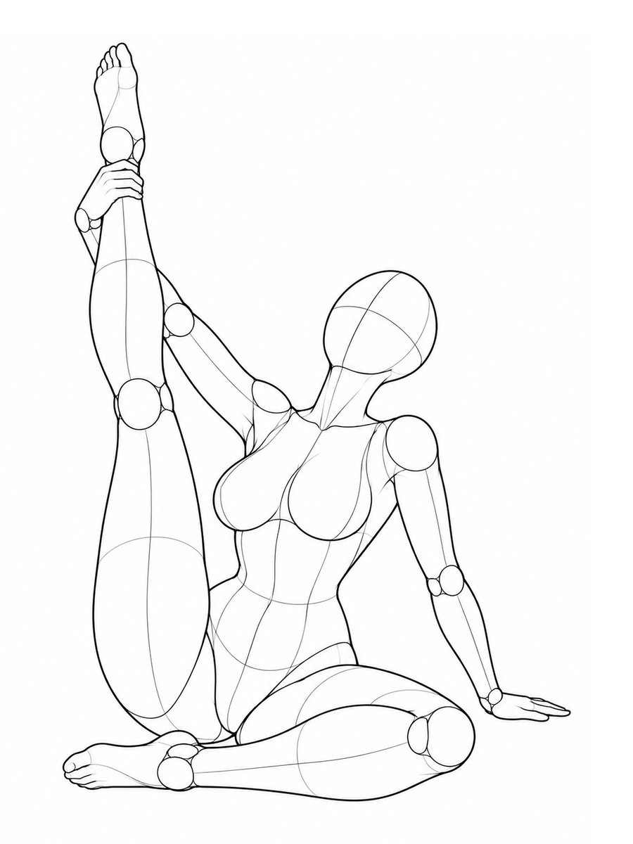 Seated, raising one leg high and holding the ankle / Front