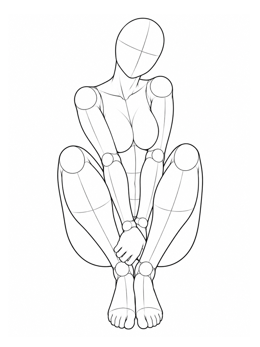 Seated with knees drawn up and slightly apart / Front