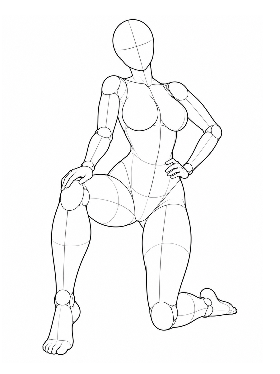 Half-kneeling with a hand on the thigh / Front