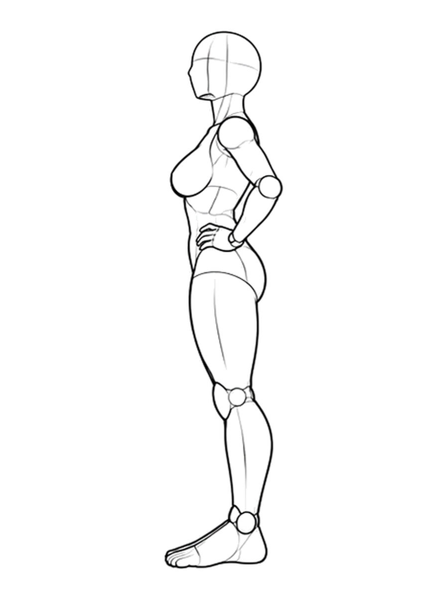 Standing with feet apart and hands on hips / Side