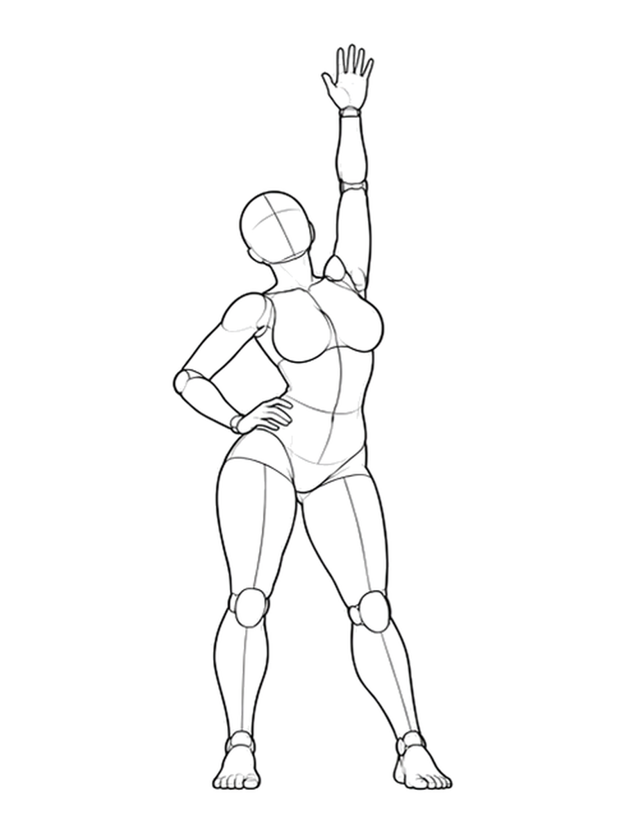 Standing with one arm raised and hip pushed out / Front