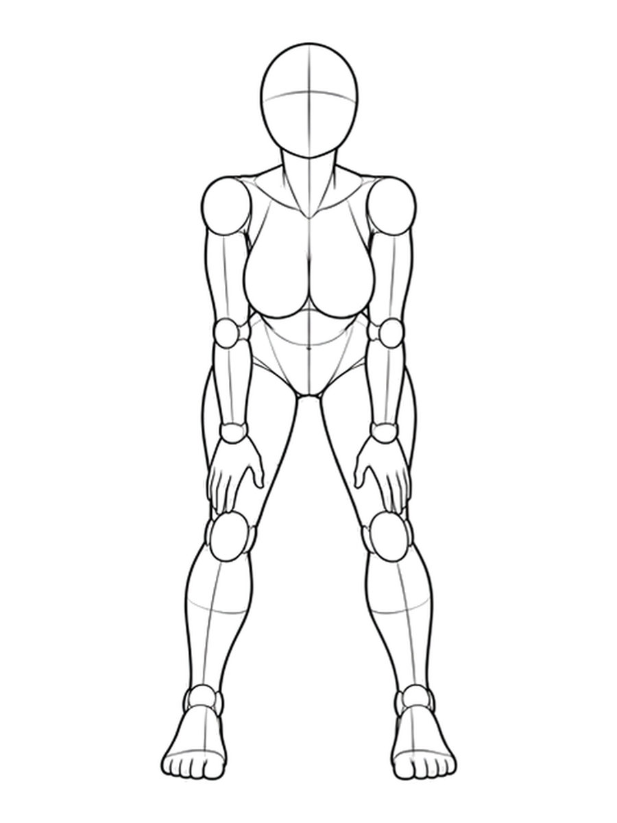 Bending forward with hands on thighs and hips back / Front