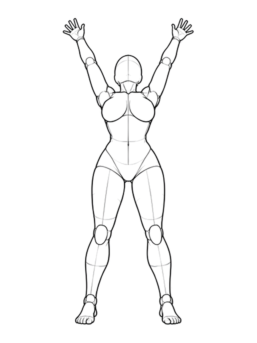 Arching backward with both arms raised / Front