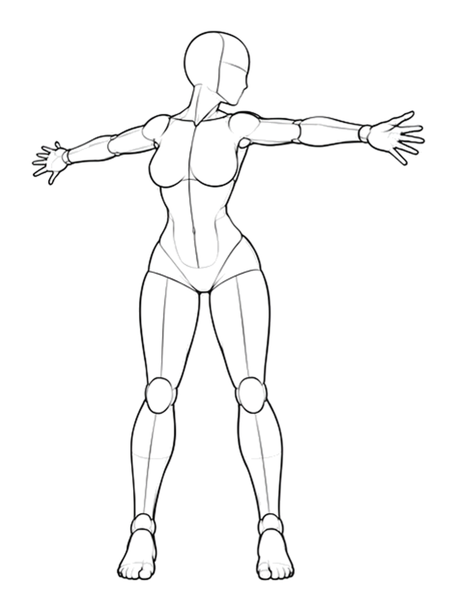 Standing with torso twisted and arms spread / Front