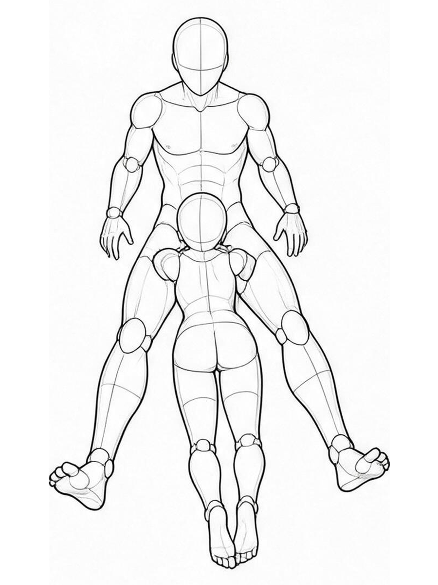 Lying on the stomach between another person's legs / Front