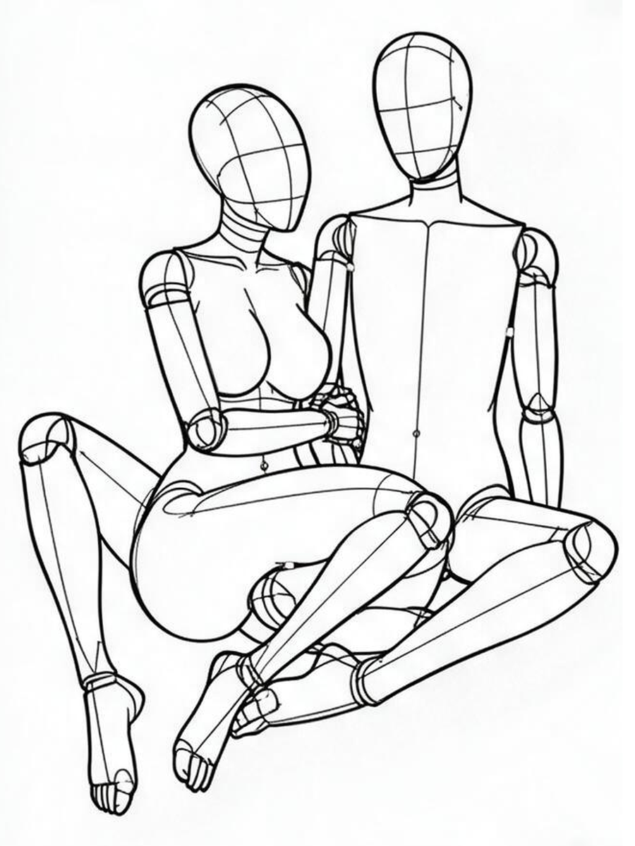 Legs intertwined, pulling each other's arms / Front