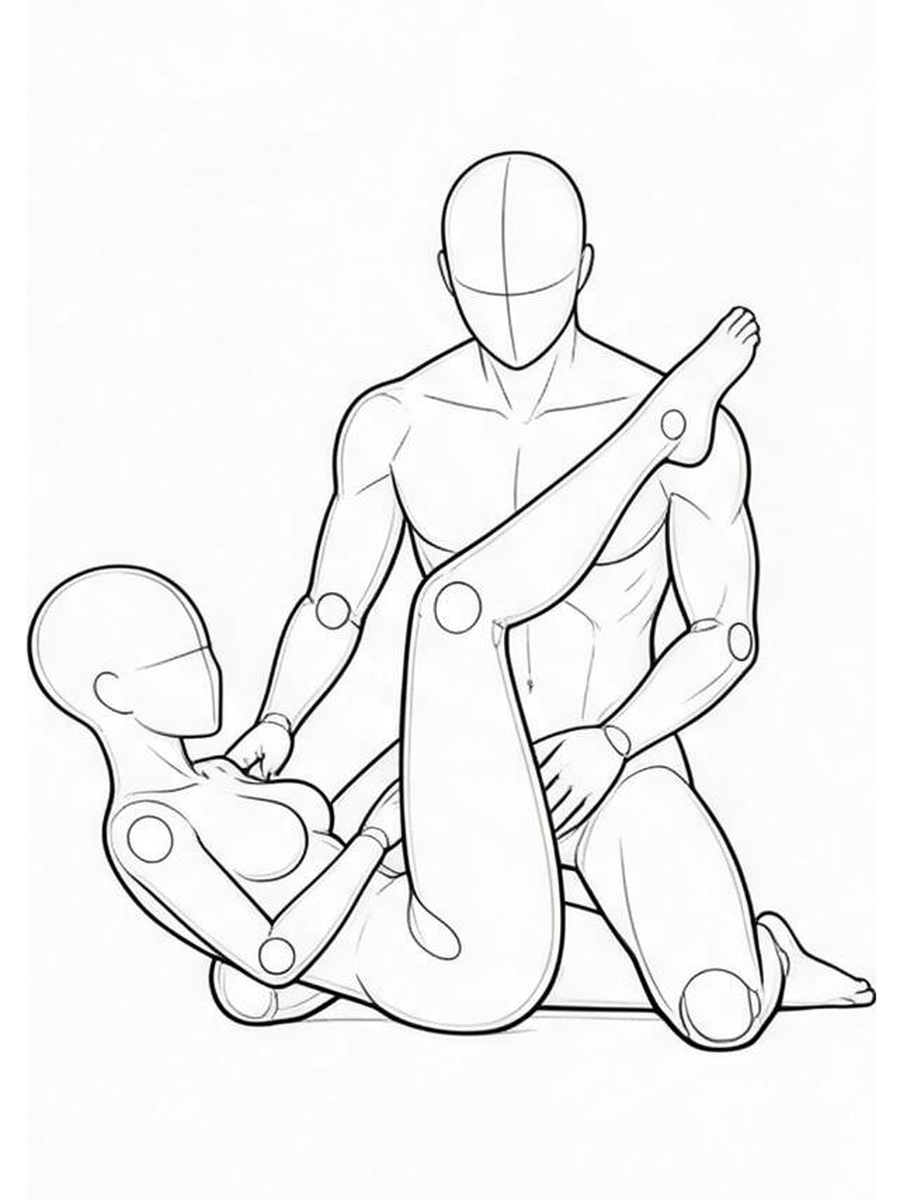 Legs crossed with one leg on a shoulder / Front