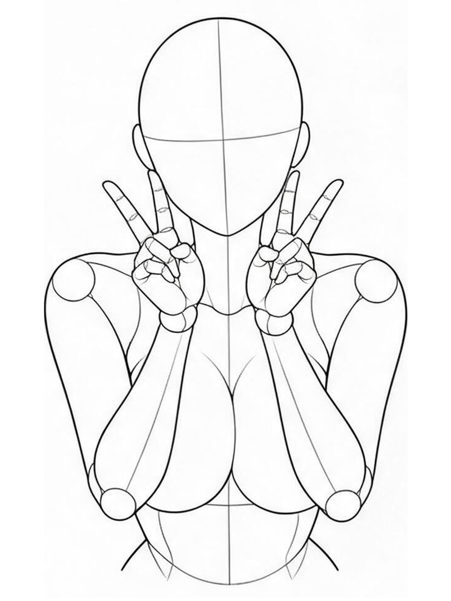 Original reference: Both hands make V signs beside the lower face. / Front