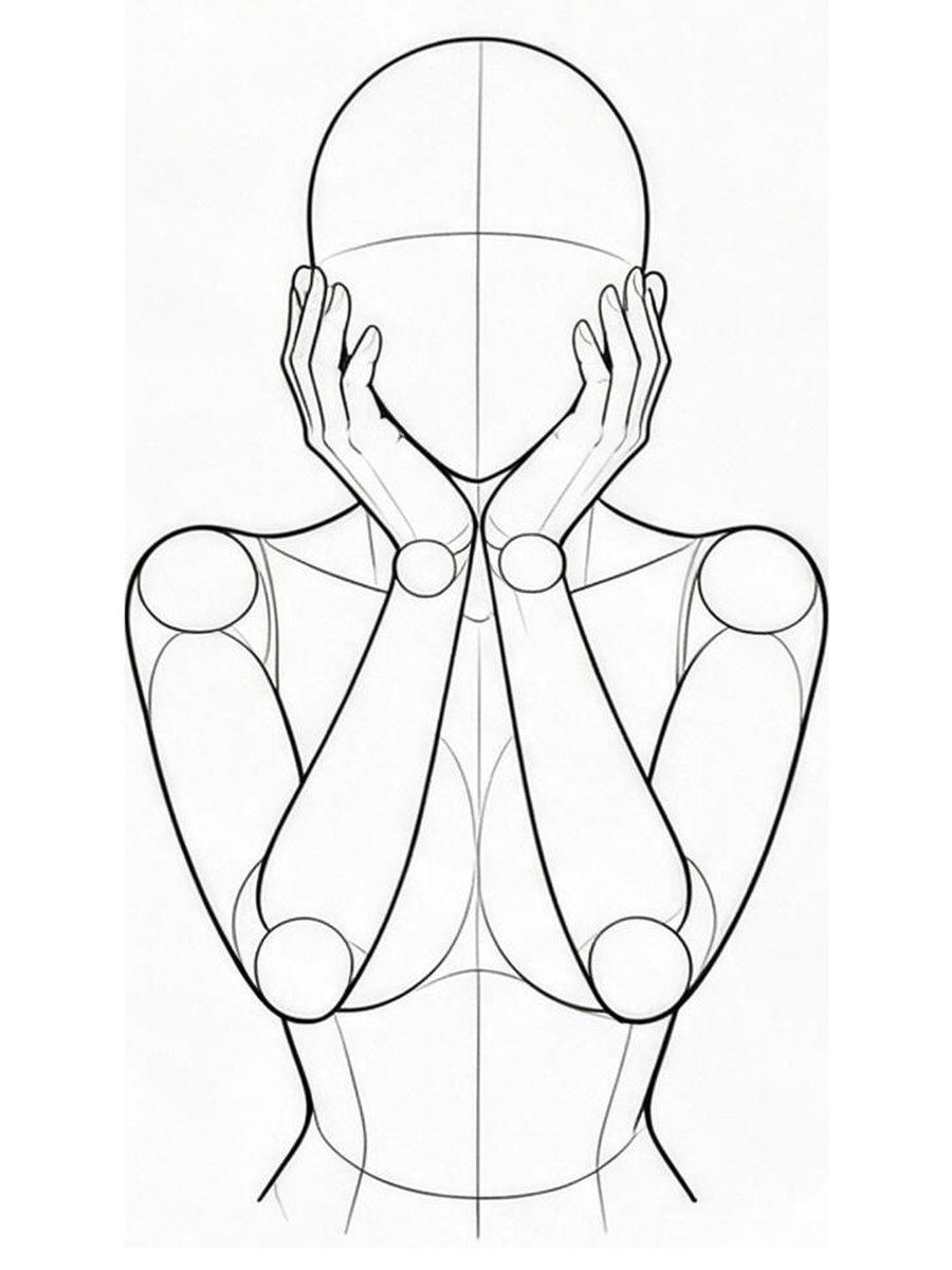 Both hands cupping the cheeks / Front